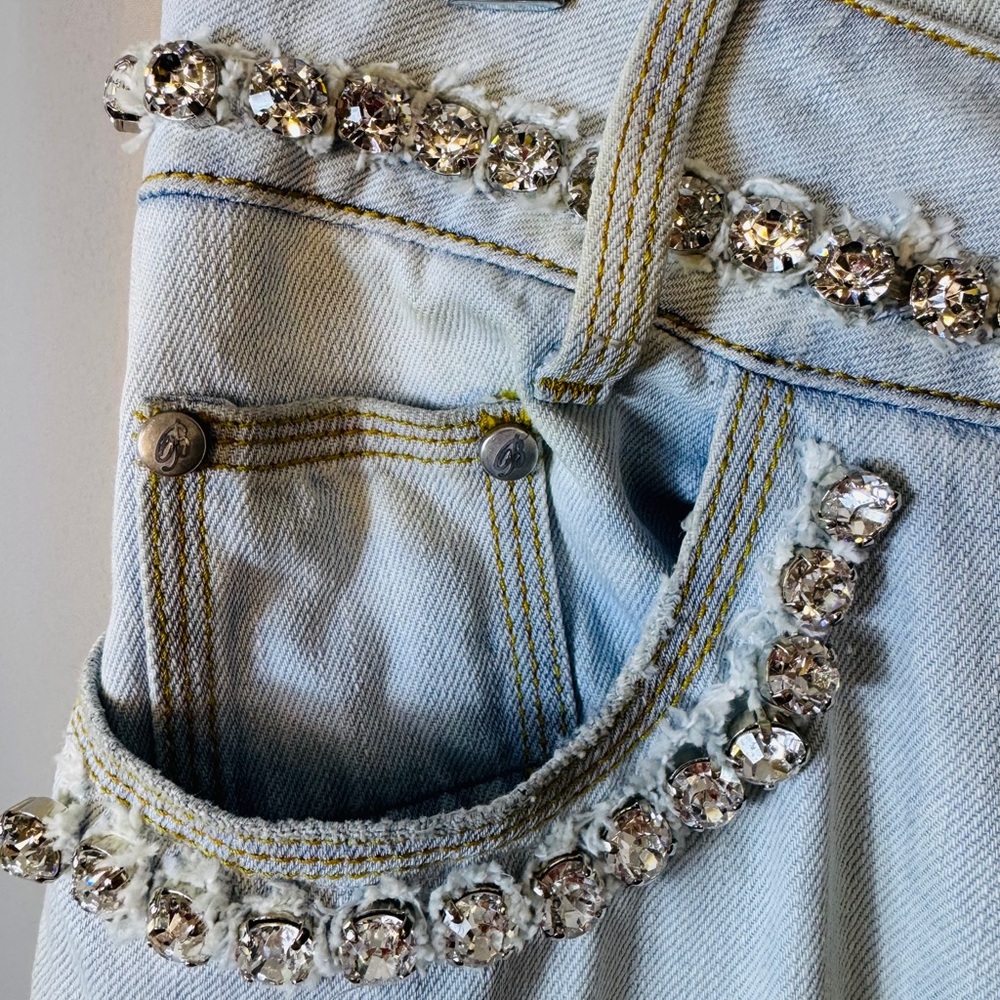 Y2K Blumarine Crystal Studded Acid Wash Distressed Jeans R-9” I-30” Size I44/D38 - Picture 3 of 16